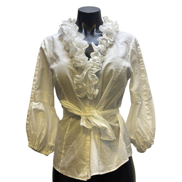 Lafayette 148 White Ruffle Front Cotton Blouse Size 4 - Picture 1 of 7